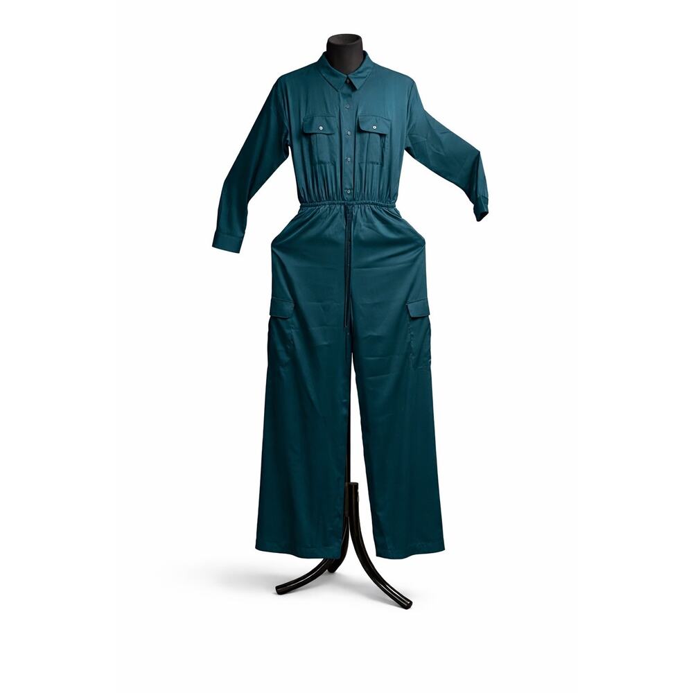 Express Women’s Teal Jumpsuit Sz S Button Fnt Long Sleeve Cargo Pockets Wide Leg